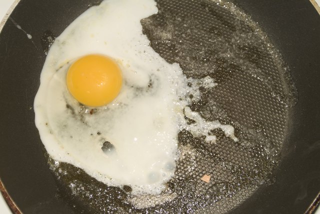 Close-up of a fried egg on a frying pan