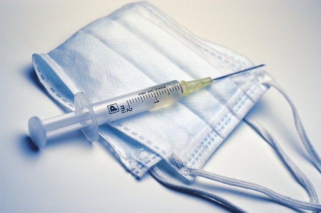 Syringe on top of surgical mask, close-up