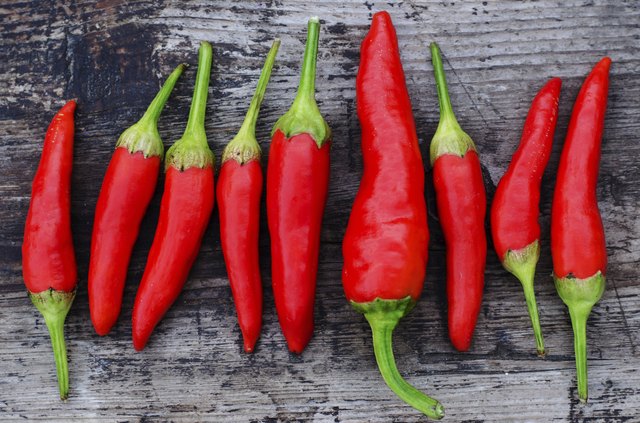 Red chili peppers on an old wooden background