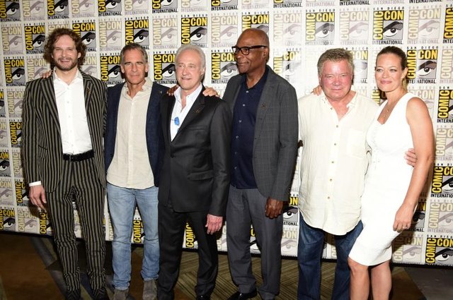 SAN DIEGO, CA - JULY 23: Actors Bryan Fuller, Scott Bakula, Brent Spiner, Michael Dorn, William Shatner and Jeri Ryan attend the Star Trek 50 press line during Comic-Con International on July 23, 2016, in San Diego. (Photo by Frazer Harrison/Getty Images)
