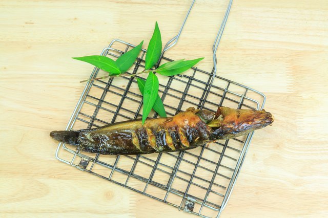 Grilled catfish and gridiron on wooden background