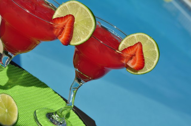 Strawberry Margaritas with Fresh Fruit Garnish Poolside