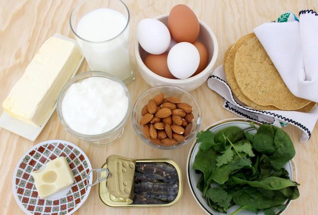 rich in calcium, milk, salad greens, almonds, sardines Food
