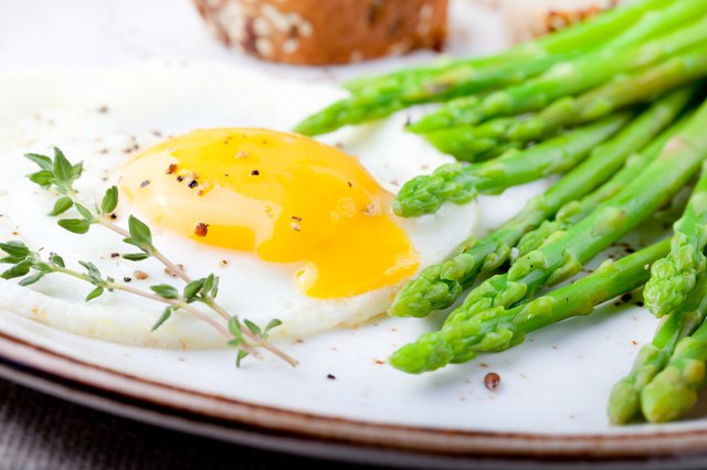 Green asparagus,fried egg and bread with butter.