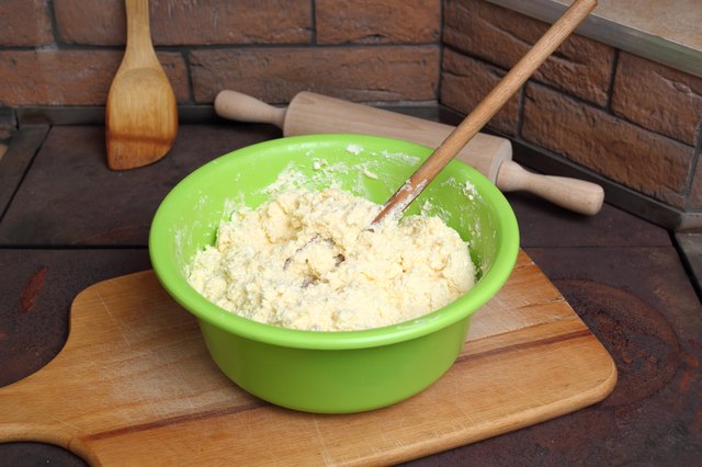 Making Cottage Cheese Pancakes. Batter in bowl.