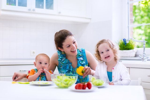 Mother and children cooking in a white kitchen
