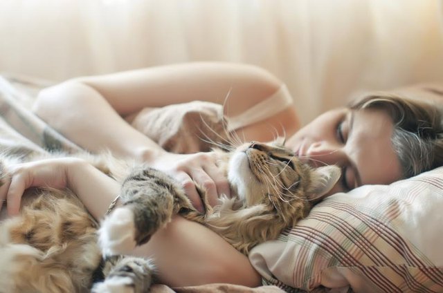 girl sleeping in bed with her cat