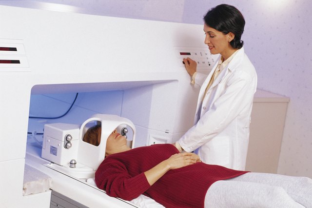Female doctor with patient in MRI machine