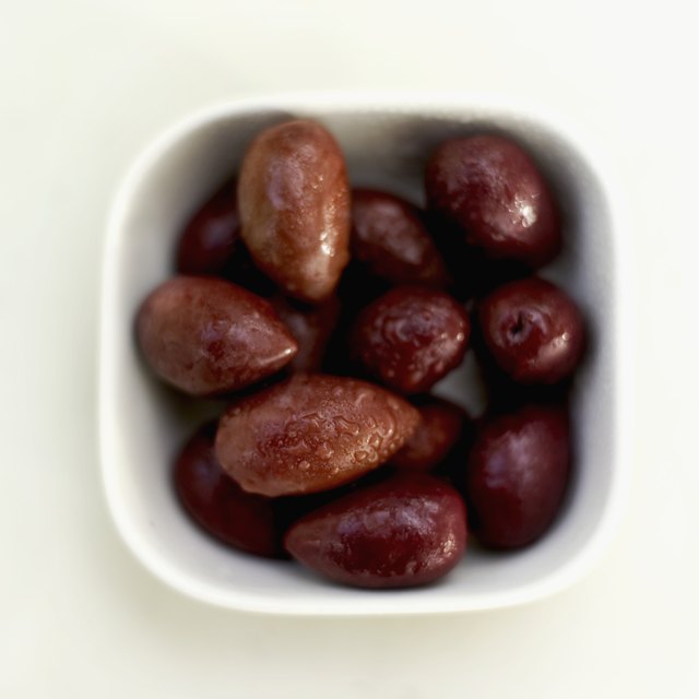 Elevated view of a bowl of olives