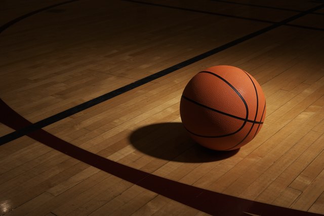 Basketball on basketball court, elevated view