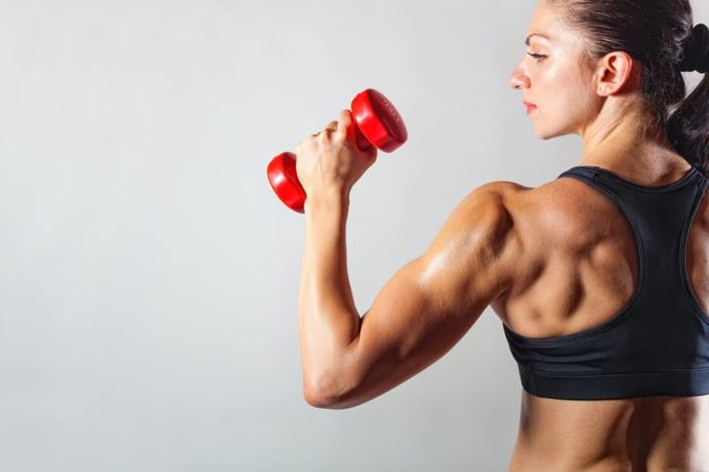 Fitness woman with barbells on grey background