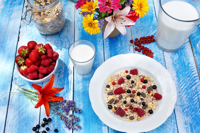 Healthy breakfast with wholegrain cereal in the garden