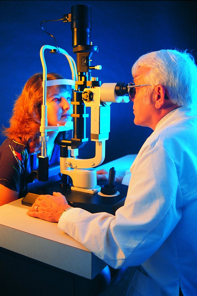 Doctor examining woman's eye