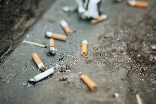 Discarded cigarette butts littering gully at back of building