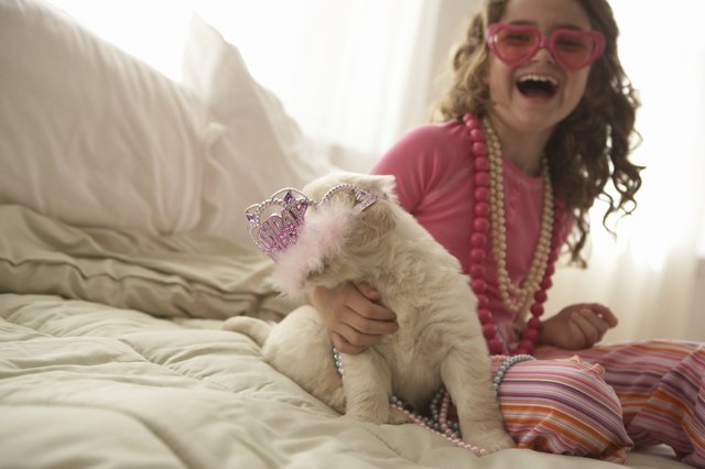 Young girl (8-10) with dog on bed, smiling