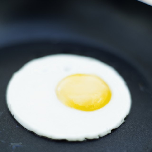 Close-up of a fried egg in a frying pan