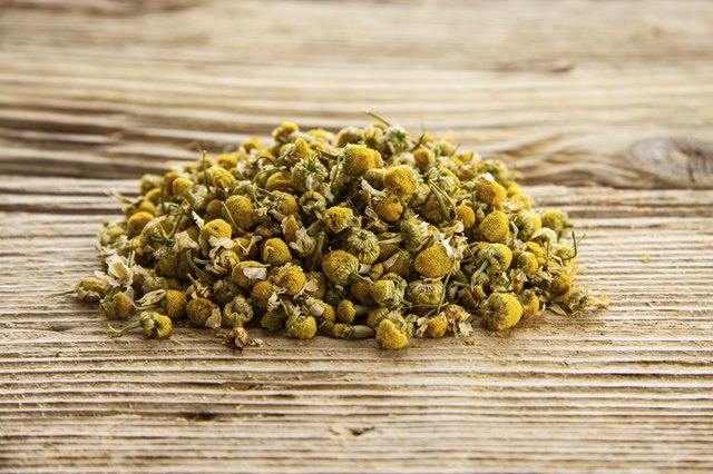 Dry camomile on old wooden table