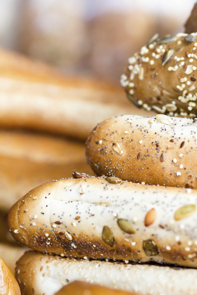 Fresh bread on a market stail closeup.