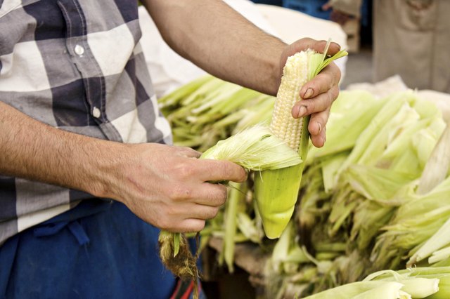Fresh corn human hand peeling