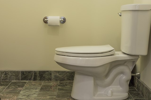 Toilet seat with toilet paper on tiled floor