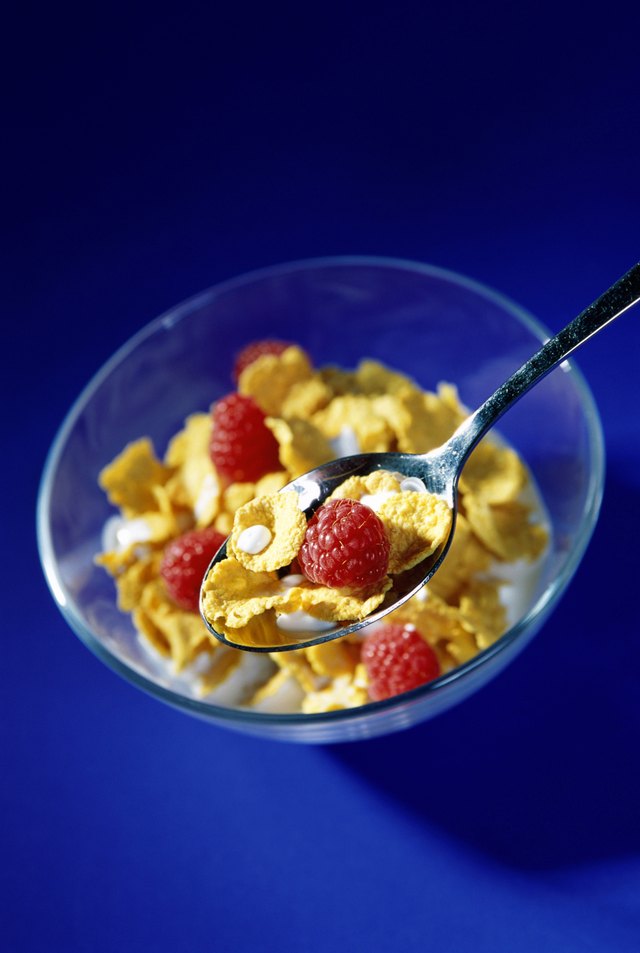High angle view of corn flakes in a bowl