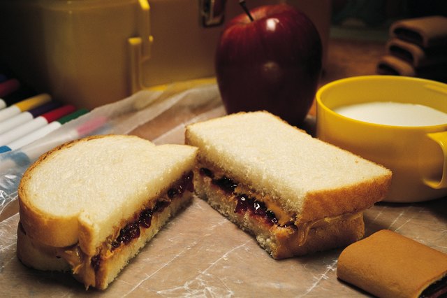 School lunch with peanut butter and jelly sandwich