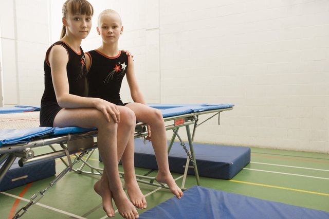 Gymnast girls sitting on trampoline