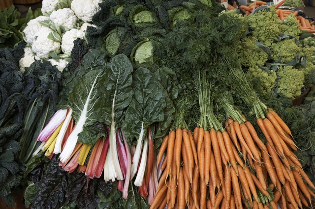 Carrots, chard, artichokes, greens and cauliflowers, full frame