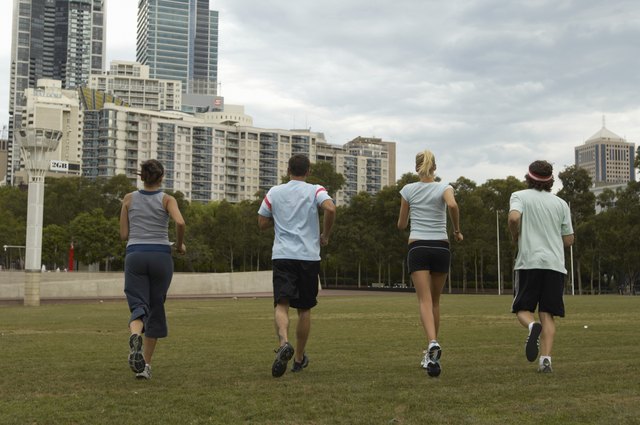 Young men and women jogging in park, rear view