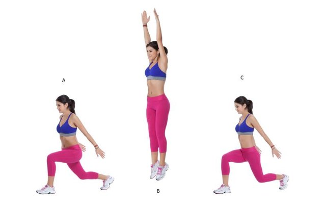 Step by step instructions: Begin in a lunge stance with your left leg forward. (A) Push through both feet and jump up. (B) Land in a lunge position, this time with your right leg in front. (C)
