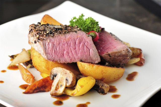 Juicy steak with baked potatoes and mushrooms