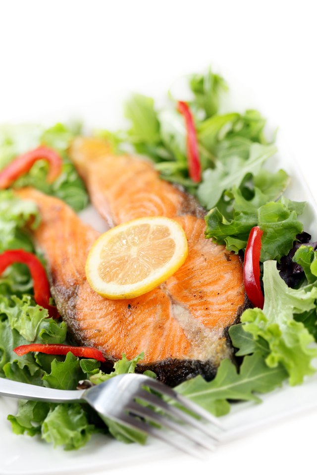 fried salmon with salad isolated