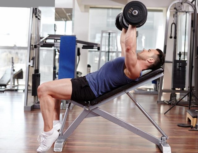 Athletic man working out his chest with dumbbells on a bench press