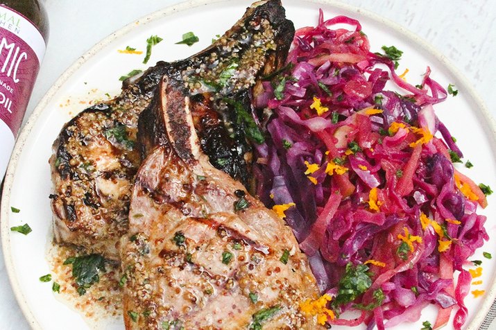 Honey-Mustard Pork Chops and Balsamic Braised Red Cabbage