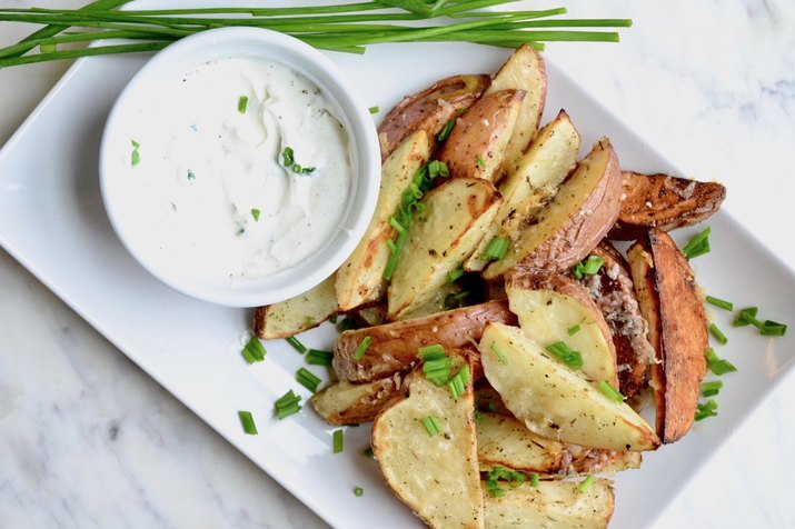 Asiago Roasted Potato Wedges With Sour Cream and Chives