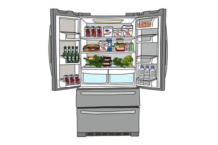 Open refrigerator stuffed with produce