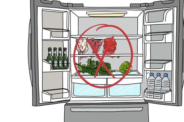 Open refrigerator with raw meat above produce