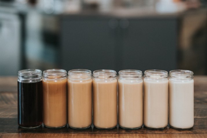 Coffee in jars with spices and plant milk
