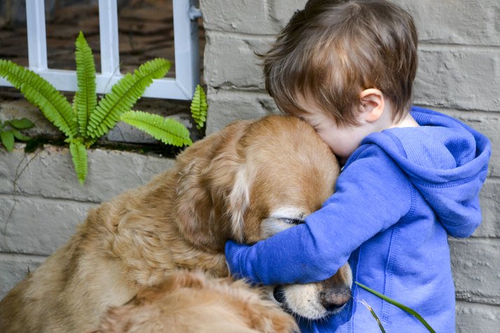 Little boy hugging his dog golden retriever