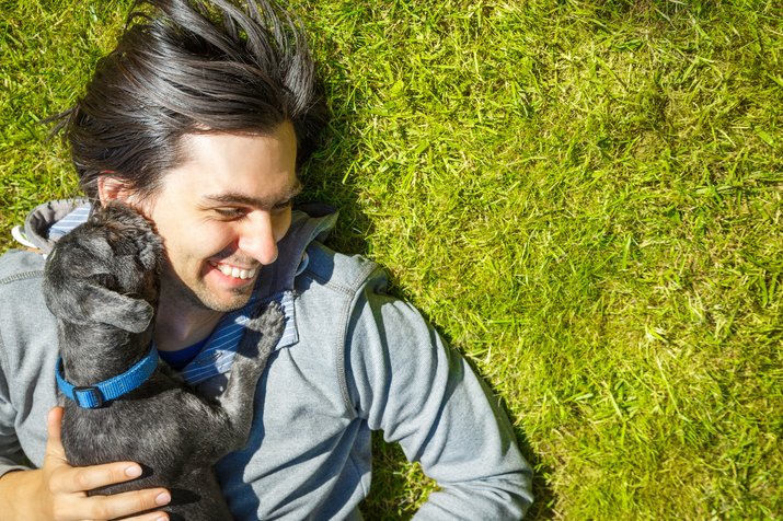 Little pet dog and his owner having fun outdoors