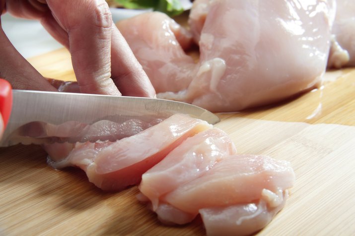 Man's hand cutting chicken breast