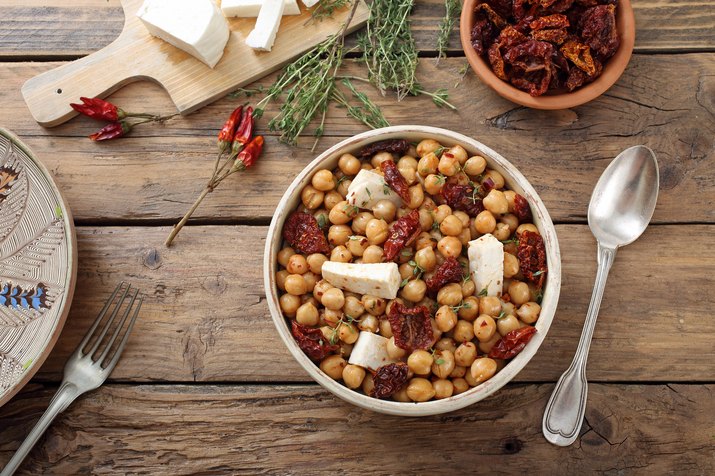 bowl Chickpea salad with dried tomato and cheese