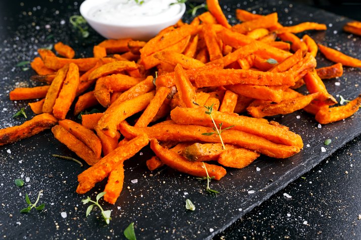 Healthy Homemade Baked Orange Sweet Potato Fries with fresh cream
