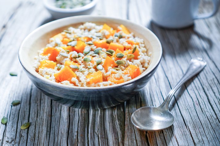 Vegan Oatmeal with Pumpkin, Breakfast Scene.