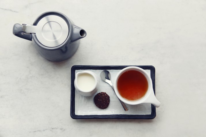 overhead tray of tea, milk and biscuit with teapot