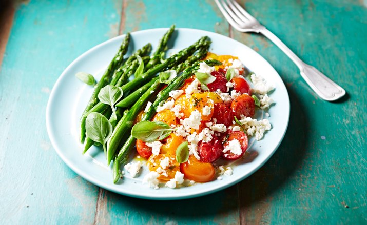 Pan roasted Asparagus and Cherry Tomatoes with Feta