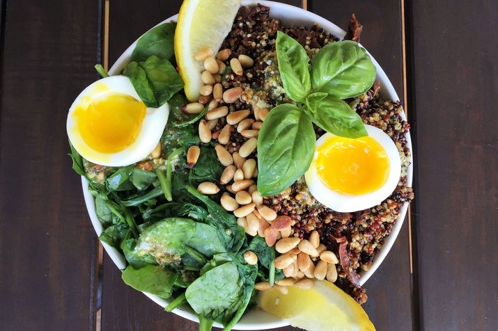 Pesto, Quinoa and Soft-Boiled Egg Breakfast Superfood Bowl