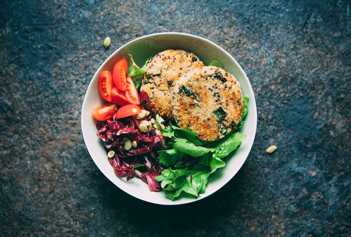 veggie burgers in a salad bowl