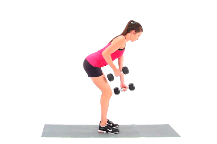 Woman demonstrating how to do an alternating one-arm dumbbell row