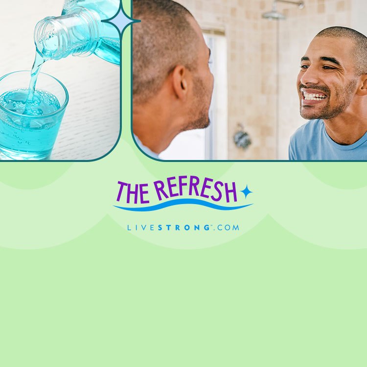 man checking teeth in mirror after using mouthwash